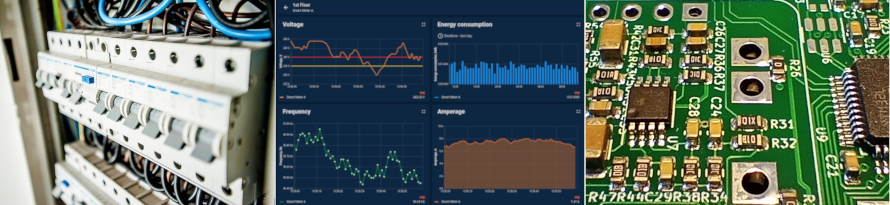 Image with circuit breaker panel, web dashboard and electronic board